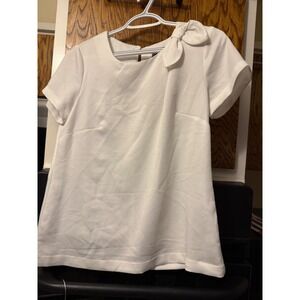 Nicole Miller for Mary Kay White Textured Bow Shoulder Blouse Short Sleeve Top S